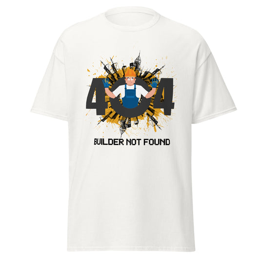 White t-shirt with a graphic print of a construction worker and the text '404 BUILDER NOT FOUND' on the front.
